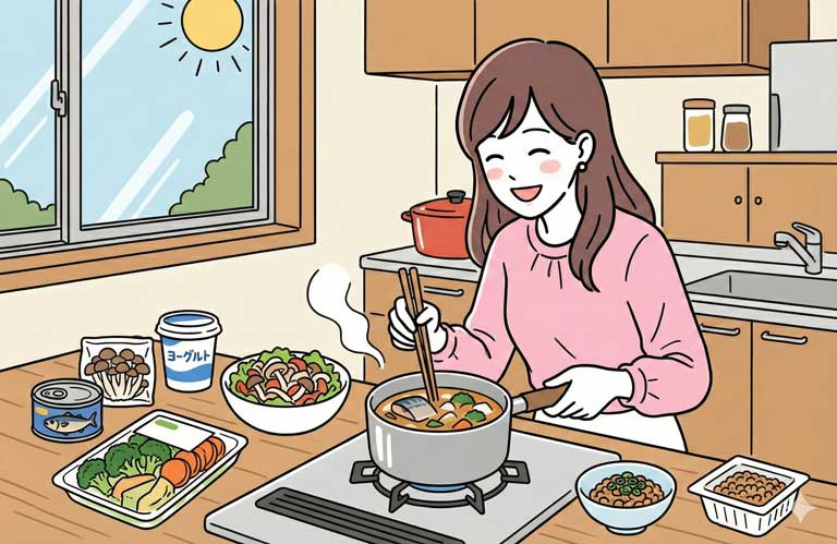 体にいい食事のレシピを試している女性