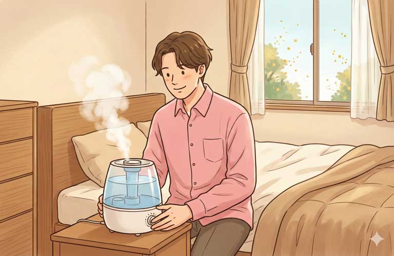寝室に加湿器をたいている男性