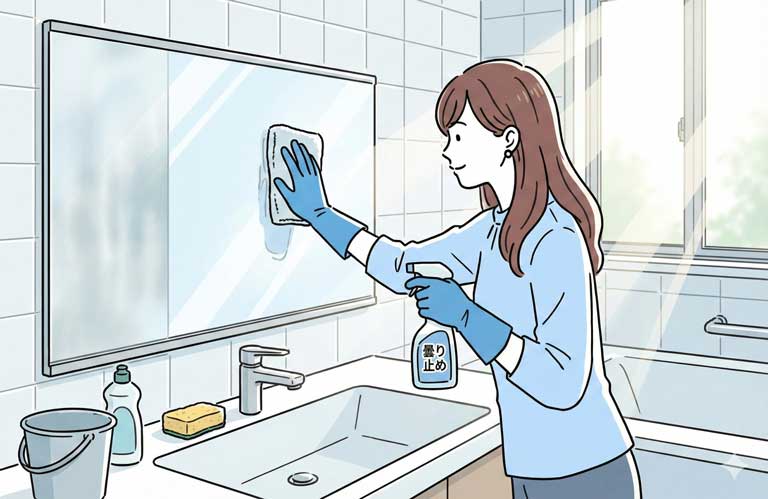 鏡に曇り止めをしている様子