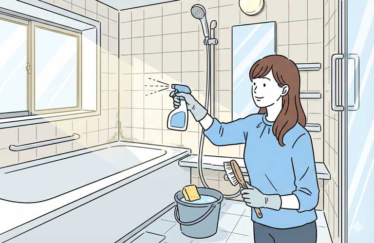 浴室の防カビ対策をしている女性