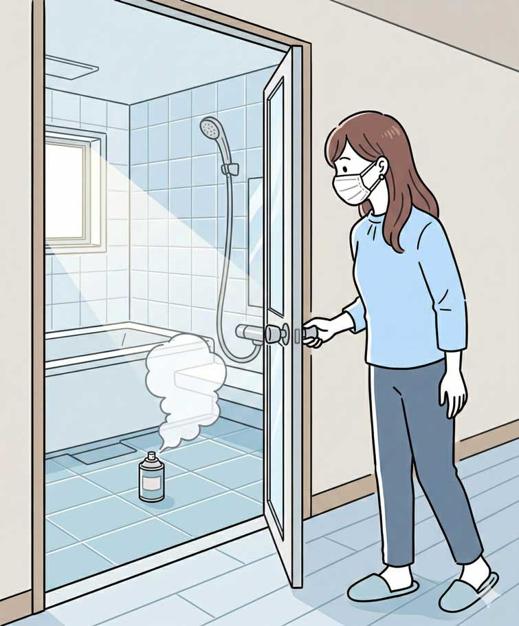 浴室に防カビくん煙材をしている様子