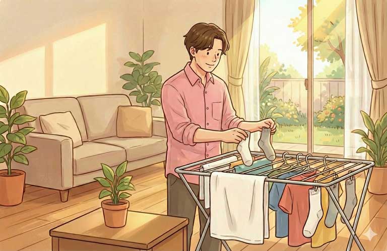 部屋干しをしている男性
