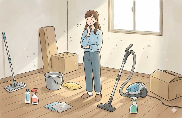 入居前の掃除に悩んでいる女性