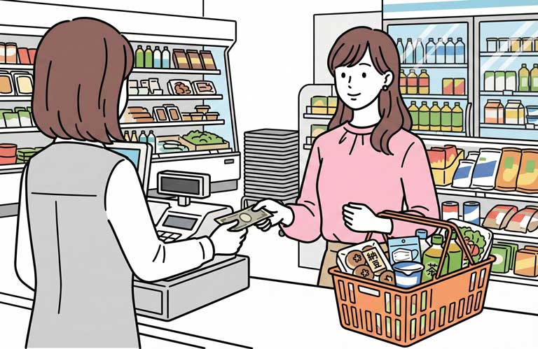 コンビニで気軽に花粉症対策になる食材を購入している様子